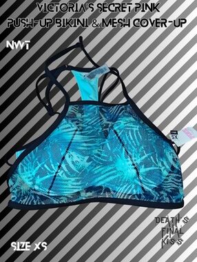 Victoria's Secret PINK Aqua Black Caged Push-up Bikini Top & Teal Mesh Cover-up